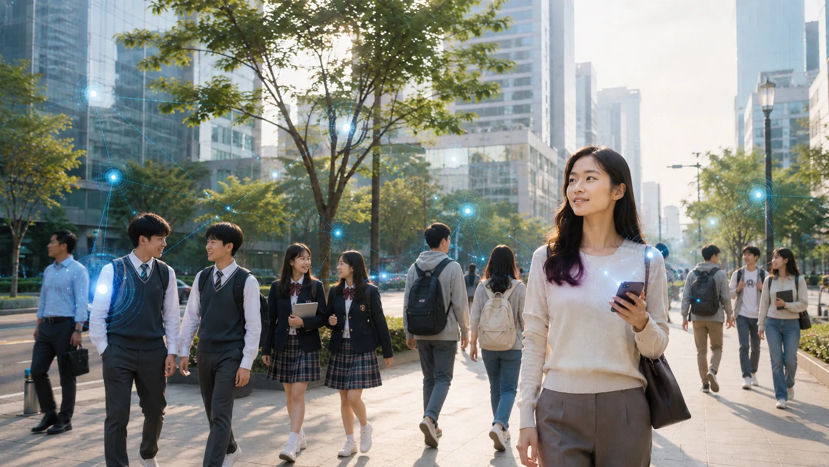도심 거리를 걷는 시민과 연결된 안전 네트워크